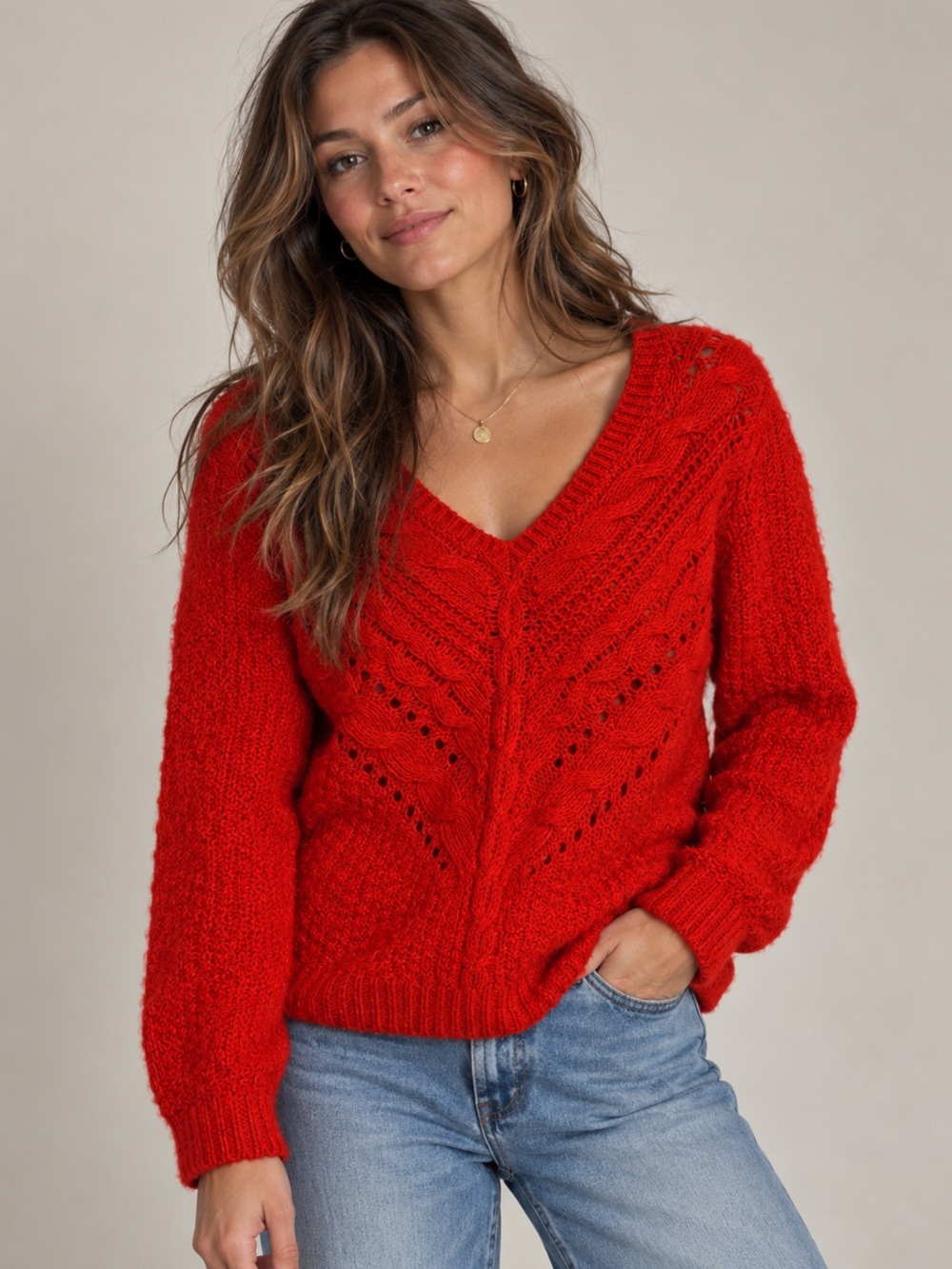 H&M Red Orange Cable Knit V Neck Sweater M Boho Cottagecore Cozy Fall Romantic